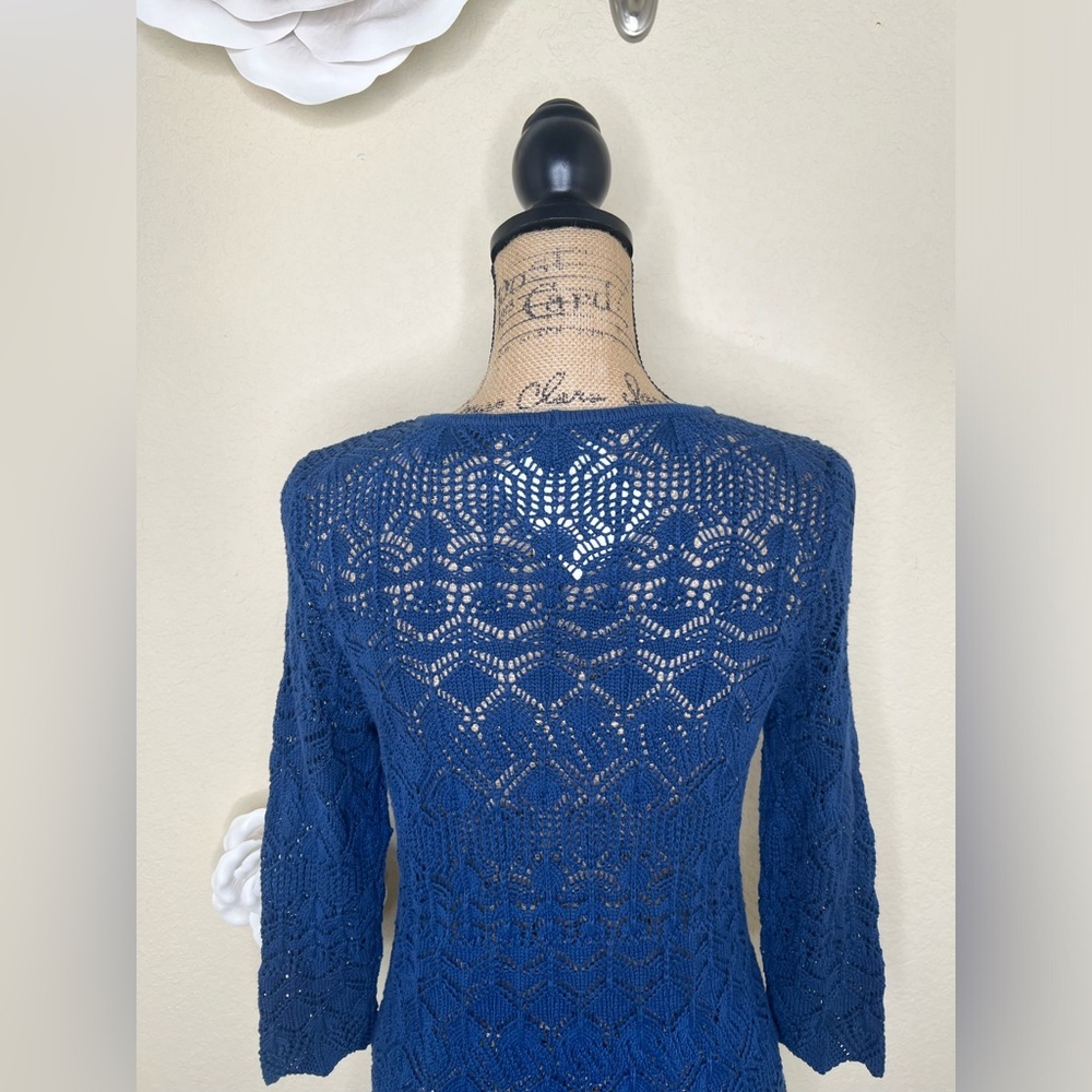NTM Jeanne Pierre Blue Crochet Pullover Sweater NWT Scoop Neck 3/4 Sleeve Small - Picture 10 of 15